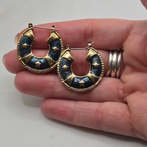 "5/$25" Goldtone Dark Turquoise Enamel Hoop Earrings